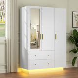 Hlivelood 3 Door Armoire Wardrobe Closet Cabinet with Mirror and LED Light, 2 Drawers, 3 Doors, Hanging Rod, Large Capacity Storage Wardrobe Armoire for Bedroom, White Hlivelood