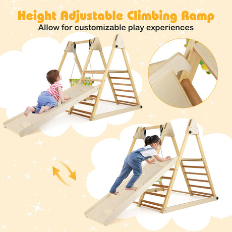 HONEY JOY Kids Indoor Jungle Gym, 4-in-1 Toddler Climbing Toy w/Baby Swing, Climber, Ladder, Climbing Ramp, Resting Platform, Wooden Montessori Playground Playset for Kids Aged 1+ (Natural) HONEY JOY