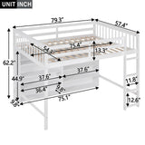 Full Loft Bed with 8 Storage Shelves, Wooden Loft Beds Frame with Bookcase, High Loft Bed with Ladder for Kids Boys Girls Teens, Antique White Bellemave