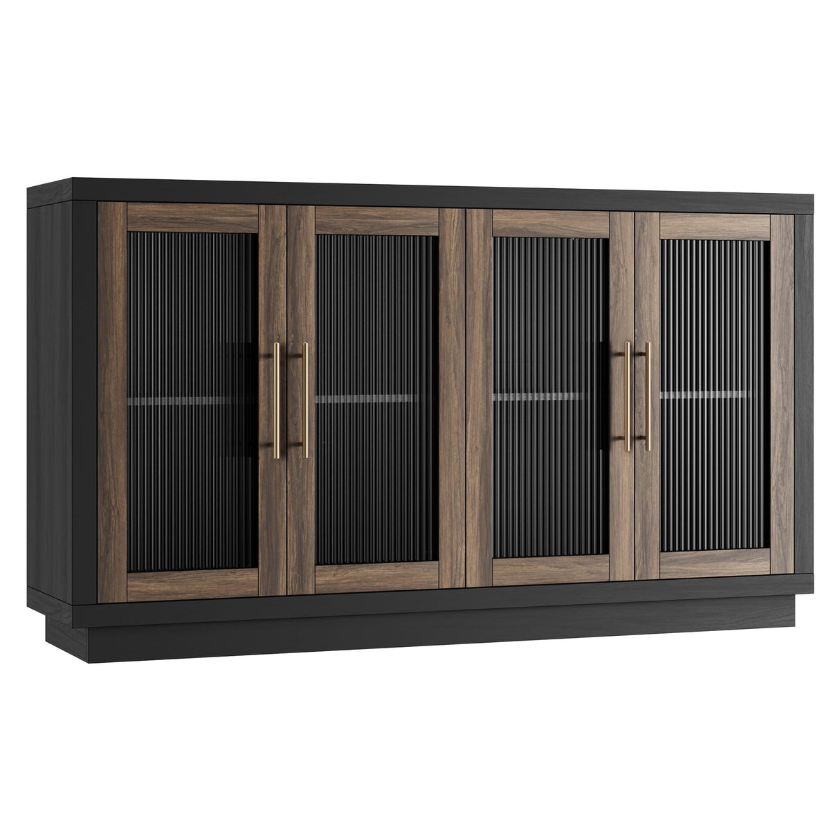FOTOSOK Buffet Cabinet with Storage, 55.1" Large Sideboard Buffet Cabinet, Modern Sideboard Kitchen Cabinet with 4 Fluted Glass Doors, Wood Coffee Bar Cabinet Buffet Table for Kitchen, Black/Brown FOTOSOK