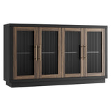 FOTOSOK Buffet Cabinet with Storage, 55.1" Large Sideboard Buffet Cabinet, Modern Sideboard Kitchen Cabinet with 4 Fluted Glass Doors, Wood Coffee Bar Cabinet Buffet Table for Kitchen, Black/Brown FOTOSOK