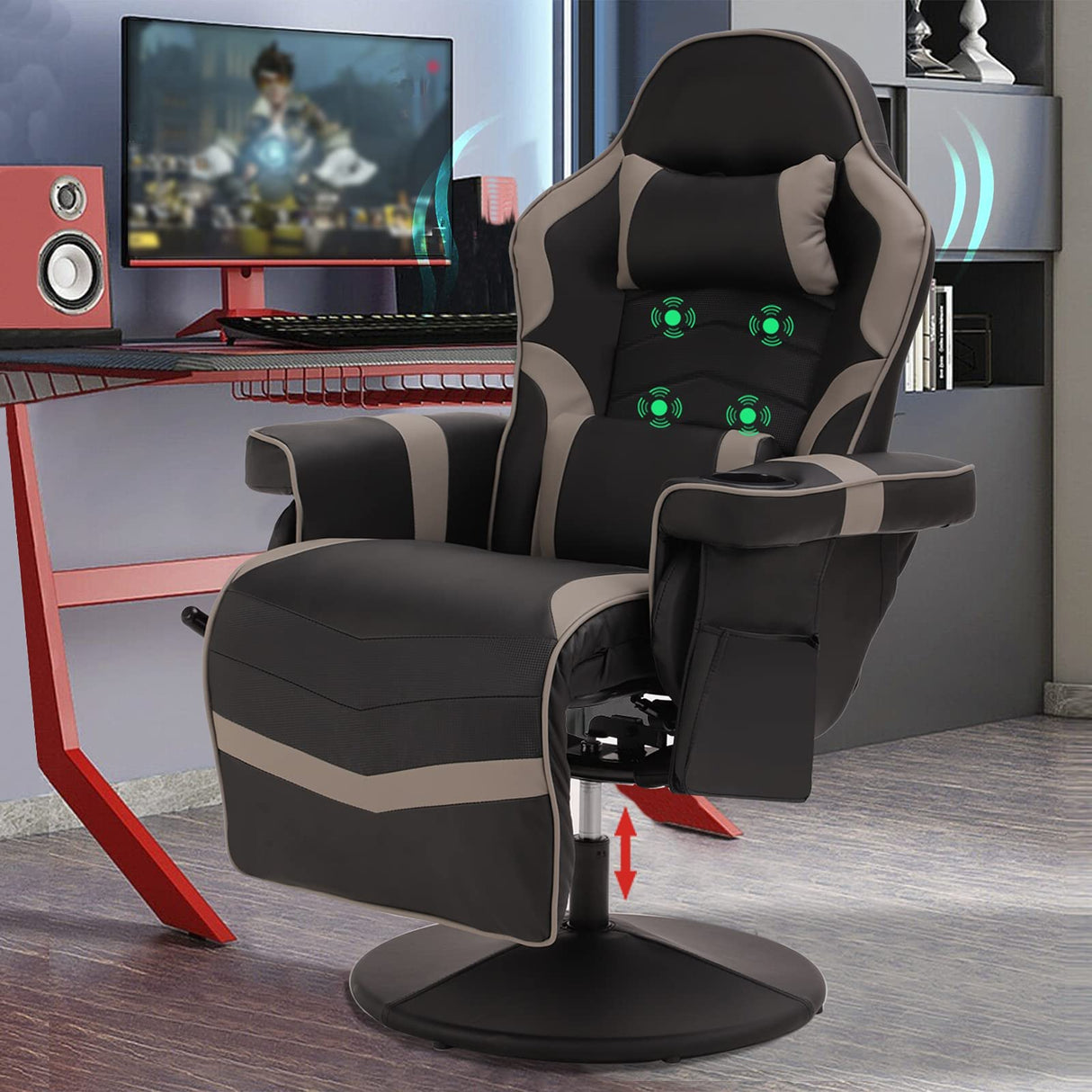 LVUYOYO Reclining Gaming Chair, Gaming Chair with Footrest and Massage, High Back PU Leather Gaming Recliner w/Adjustable Height, Swivel Game Chair with Lumbar Support, Cup Holder, Headrest LVUYOYO