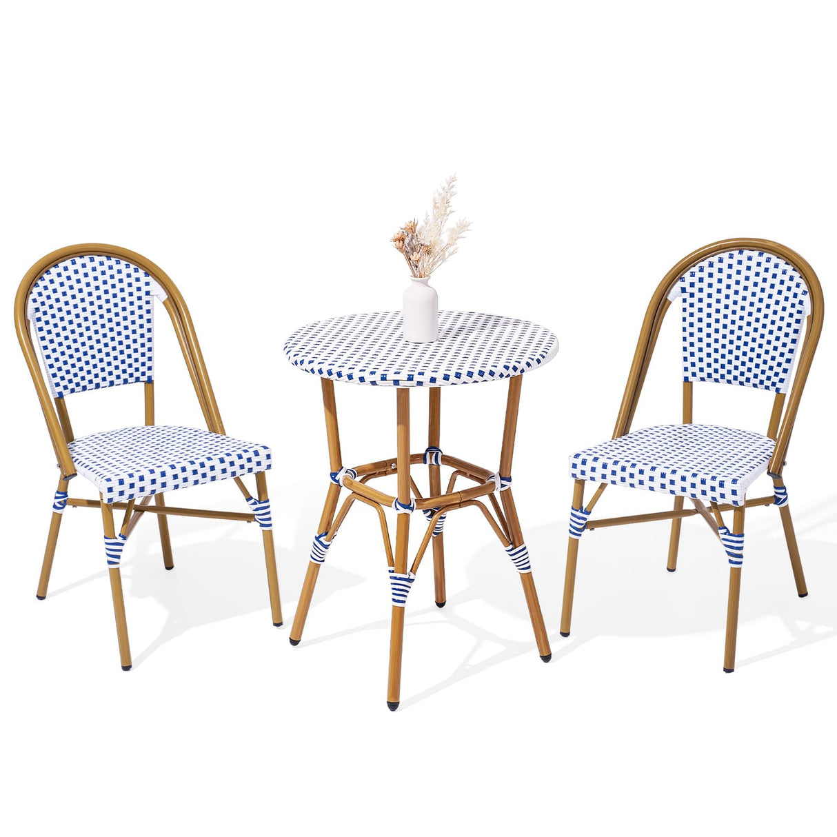 3 Piece French Wicker Bistro Set, Patio Bistro Set with Table and 2 Dining Chairs, All Weather ‎Outdoor ‎Bistro Set with Aluminum Frame, Outdoor Patio Set for Patio Porch Cafes Yard, Navy and White Dovov