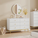 MAISONARIA 6 Drawer Double Dresser for Bedroom, White Dresser with Gold Handles, White 6 Drawer Dresser with Fluted Panels, Modern Wood Dresser Chest for Bedroom MAISONARIA