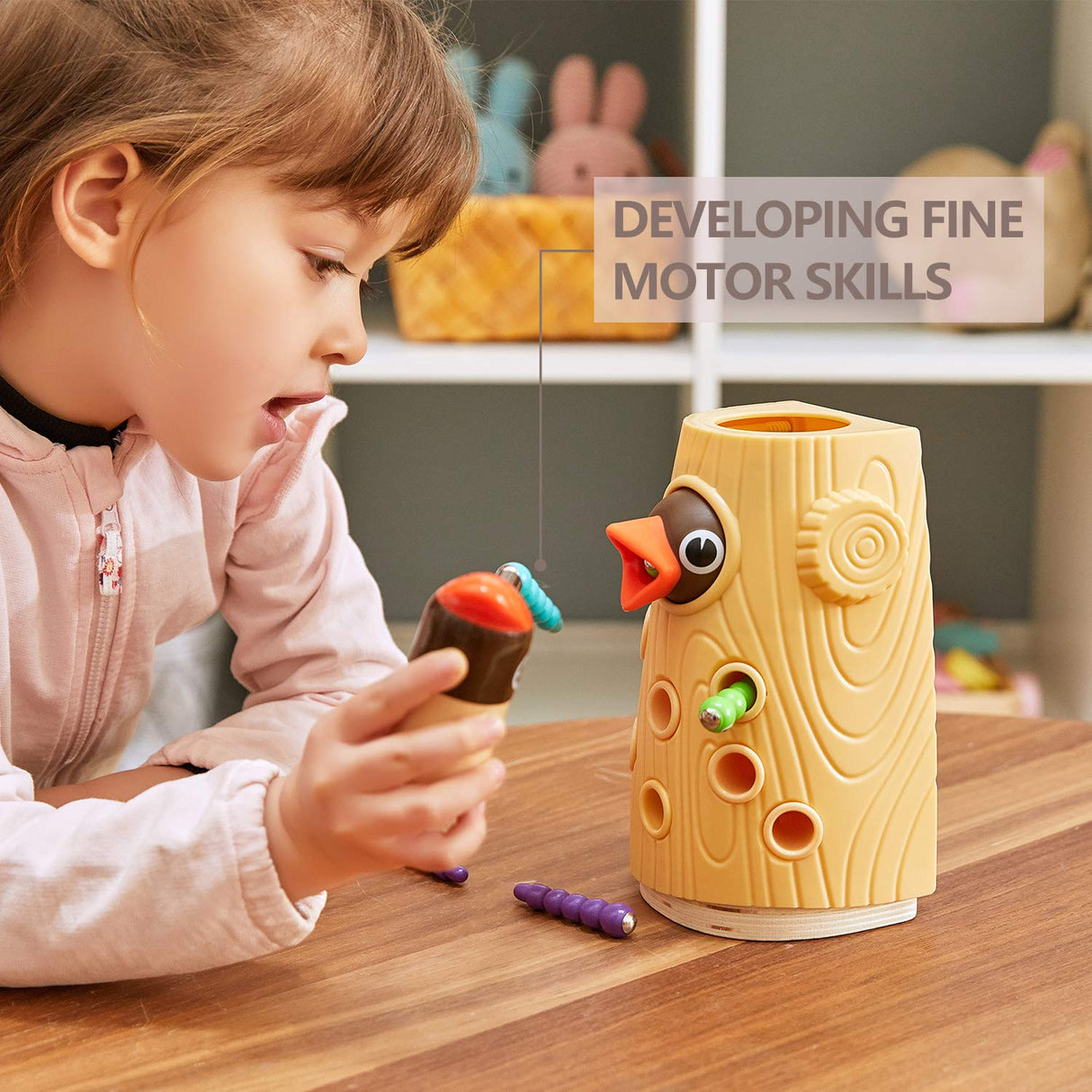 TOP BRIGHT Montessori Toys for 2 Year Old Girl and Boy, Fine Motor Skills Toddler Toys Age 2-4, Woodpecker Worm Toy Magnetic Bird Feeding Game TOP BRIGHT