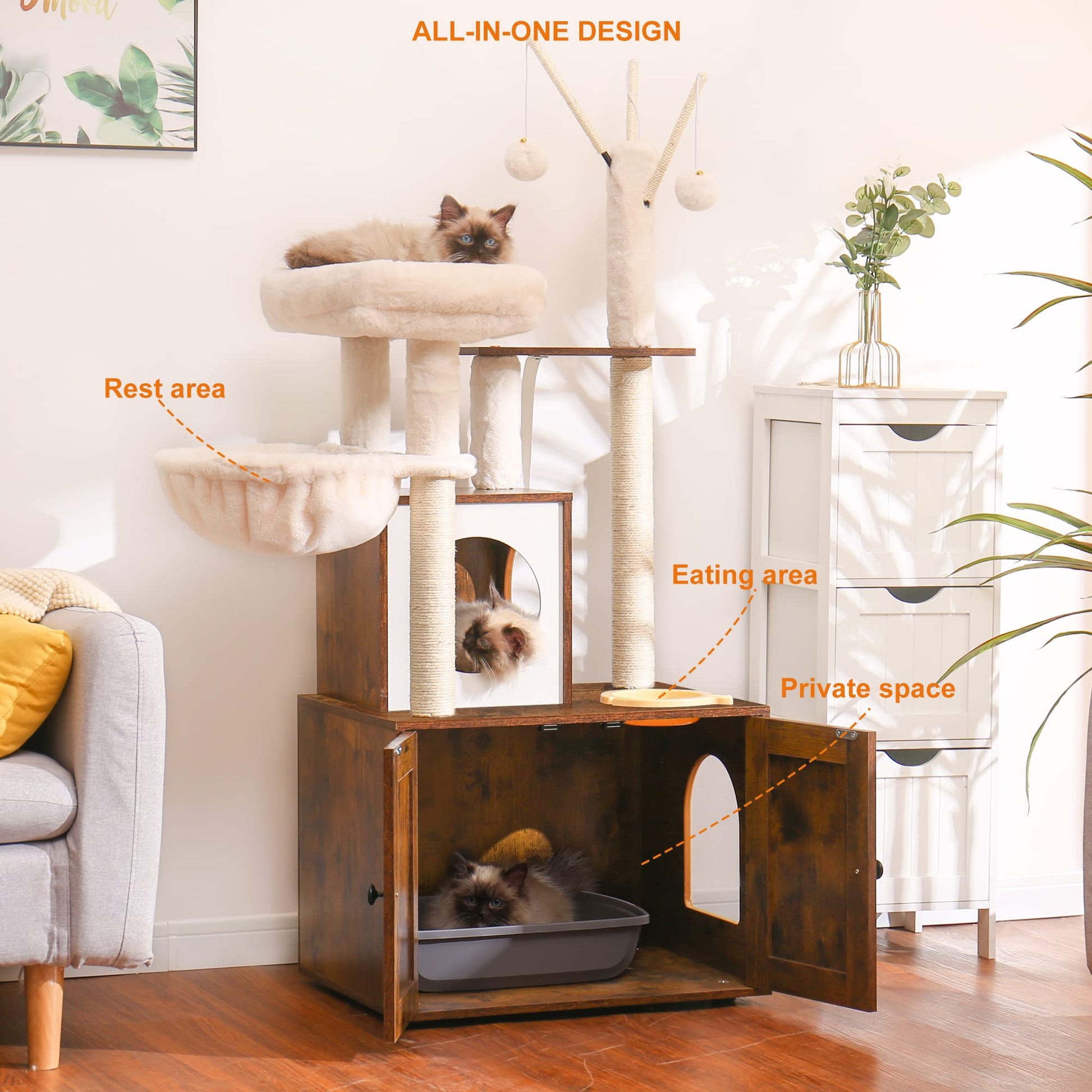 Heybly Cat tree, Wood Litter Box Enclosure with Food Station, All-in-one Indoor Cat Furniture with Large Platform and Condo, Modern Style Cat Tower, Hammock, Rustic Brown HCT102SR - WoodArtSupply