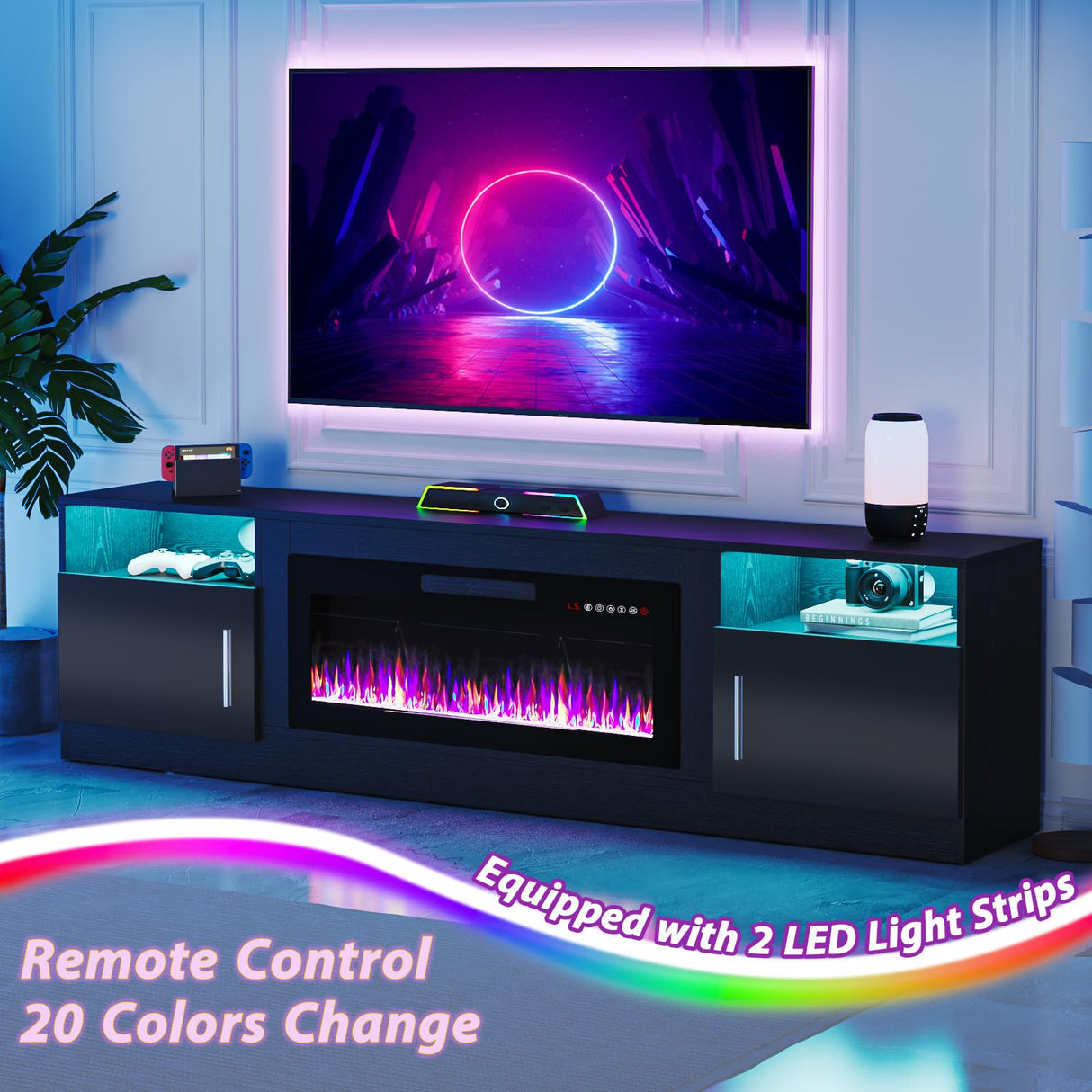 TAVATA Fireplace TV Stand with 36" Fireplace，80" TV Stand with LED Light for TVs Up to 85"，Entertainment Center Console Table with Highlight Storage Cabinets (Black) TAVATA