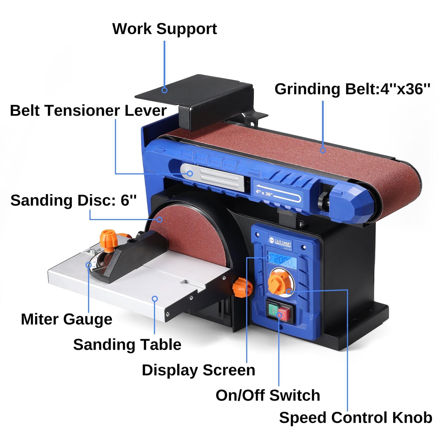 SainSmart Belt Sander & Disc Sander Combo with Adjustable Speed, Benchtop Sander with Full Copper Motor, 0-90° Belt & 0-45° Tillable Worktable, Dust Collection Port, Perfect for Woodworking P - WoodArtSupply