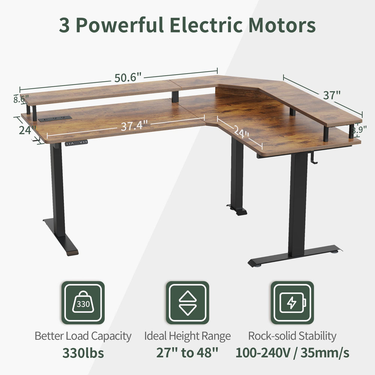 FEZIBO 63" Triple Motor L Shaped Standing Desk with LED Strip & Power Outlets, Height Adjustable Stand up Corner Gaming Desk with Ergonomic Monitor Stand, Rustic Brown Top/Black Frame FEZIBO