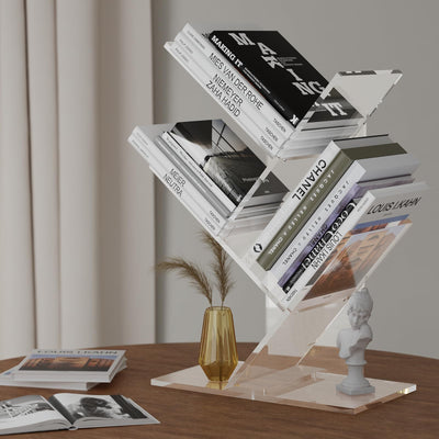 YiXinHo Small Shelf, 3 Tier Acrylic Mini Bookshelf, Tree Bookshelf for Tiny Home, Mini Book Shelf for Book/Cd/Movie Storage Cabinet/Room Corner/Office