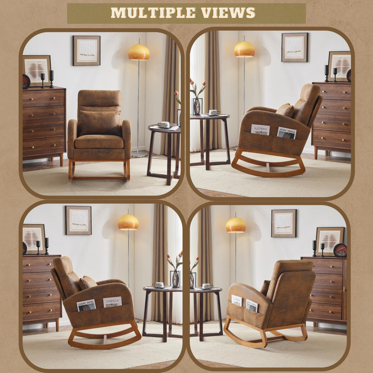 VINGLI Rustic Microfiber Nursery Rocking Chair with Thick Headrest, Upholstered Mid-century Modern Nursing Rocker Glider with Curved Armrest, Sturdy Solid Wood Base for Living Room, Bedroom, Baby Room VINGLI