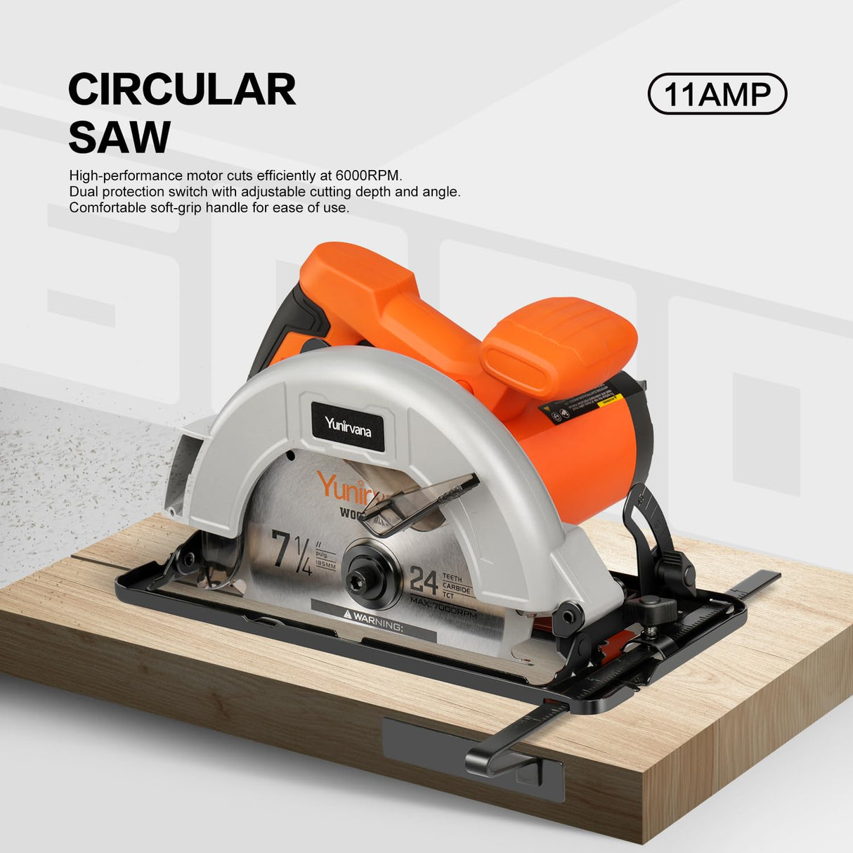 Yunirvana 11 Amp Corded Circular Saw with Circular Saw Blade, 6000RPM, Adjustable Cutting Depth, 7-1/4 Inch Blade, Ideal for Wood and Plastic Cuts, Professional Carpentry Tool for Precision Cutting Yunirvana