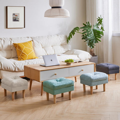 YMYNY 15.75" Small Footstool Ottoman, Footrest with Sponge Padded Seat, Step Stool for Sofa, Bedroom, Living Room, Entryway, Modern Change Shoes Stool, Wood Legs, Light Blue UHBD023BL YMYNY