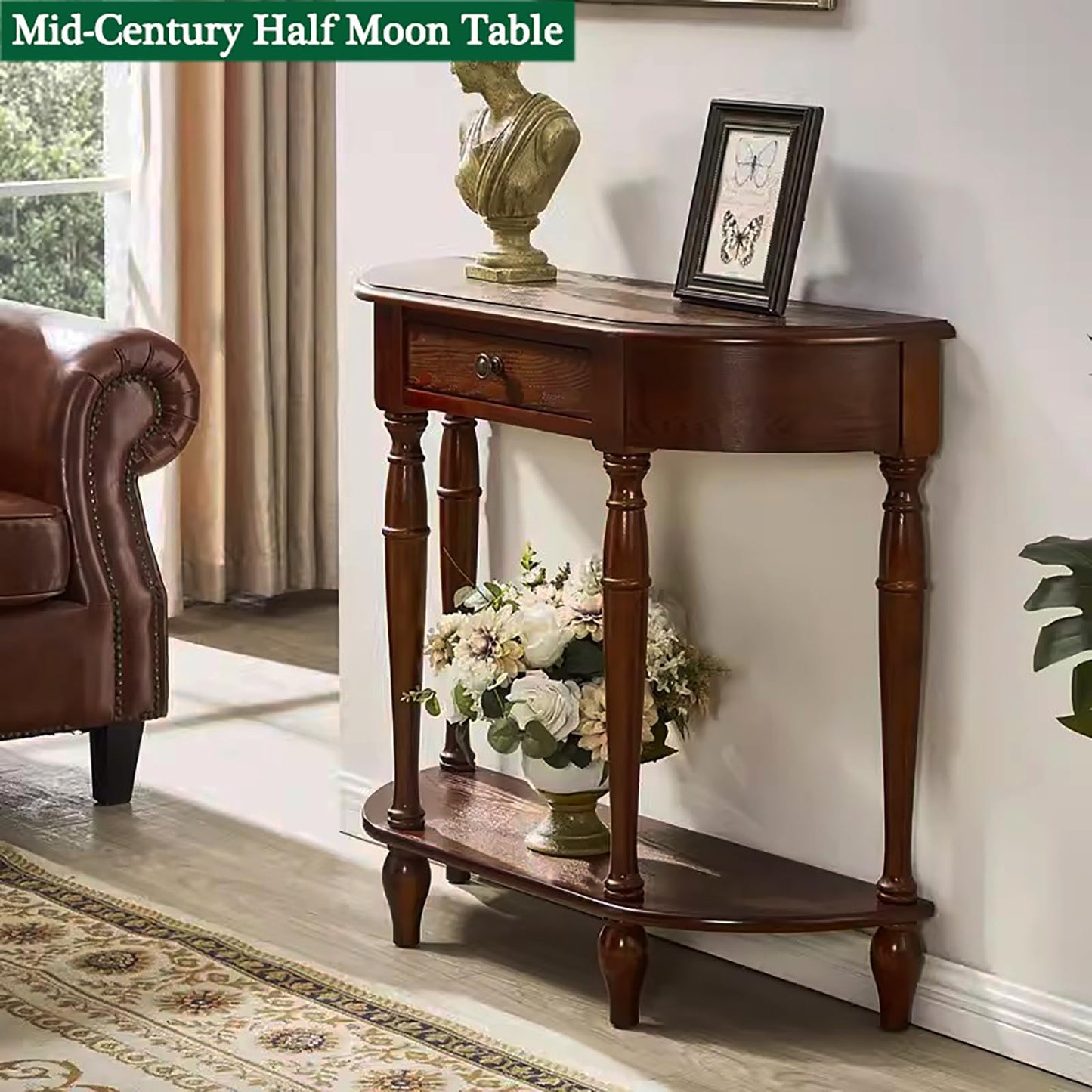 Mid-Century Console Table,Solid Wood Half Moon Table For Entryway Hallway Porch,Half Circle Table With Storage Drawer,Wooden Wall Sofa Table Small Accent Table(24"L x 12"W x 31"H, Cherry Wood - WoodArtSupply