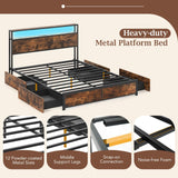 Giantex Queen Size LED Bed Frame with Charging Station & 4 Storage Drawers, Heavy Duty Metal Platform Bed with 2-Tier Storage Headboard, Noise Free, No Box Spring Needed, Rustic Brown Giantex