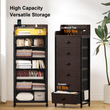 REAHOME Dresser for Bedroom with Charging Station and LED Lights, 6 Drawers Dresser Brown Chest of Drawers with Shelves, Tall Night Stand with Sturdy Steel Frame & Wood Top for Bedroom - Dark Brown REAHOME
