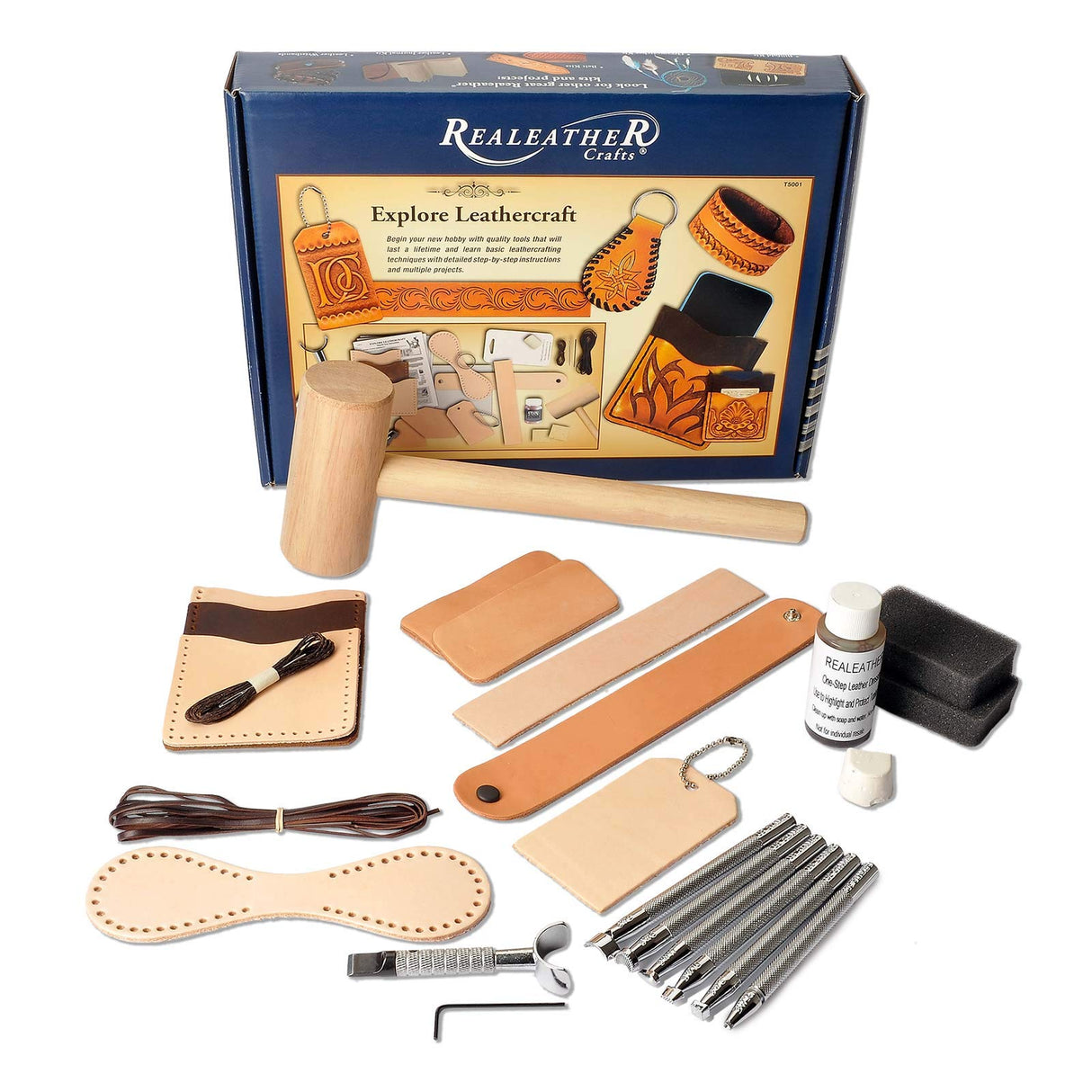 Realeather Basic Leather Craft Starter Kit - Basic Tools and Leather to Make a Key Fob, Bag Tag, Wristband, Cell Phone and Card Sleeve Realeather