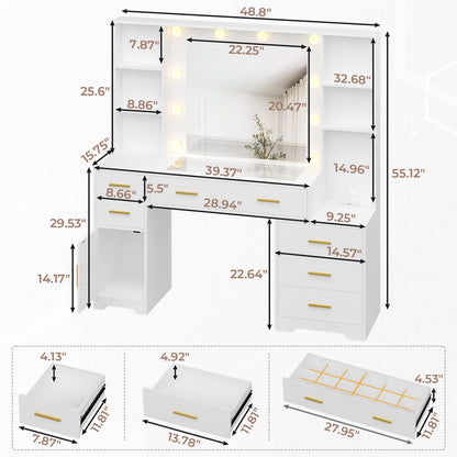 Hasuit 48.8'' Large Vanity Desk with Lighted Mirror & Power Outlet, White Makeup Vanity Table with 6 Drawers, 4 Shelves and 1 Storage Cabinet, Glass Tabletop Bedroom Dressing Table, 3 Lightin - WoodArtSupply