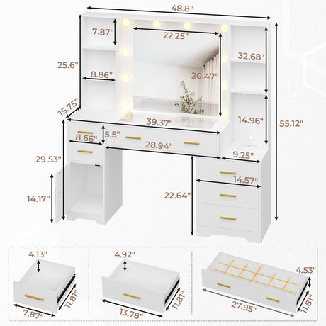 Hasuit 48.8'' Large Vanity Desk with Lighted Mirror & Power Outlet, White Makeup Vanity Table with 6 Drawers, 4 Shelves and 1 Storage Cabinet, Glass Tabletop Bedroom Dressing Table, 3 Lighting Modes Hasuit