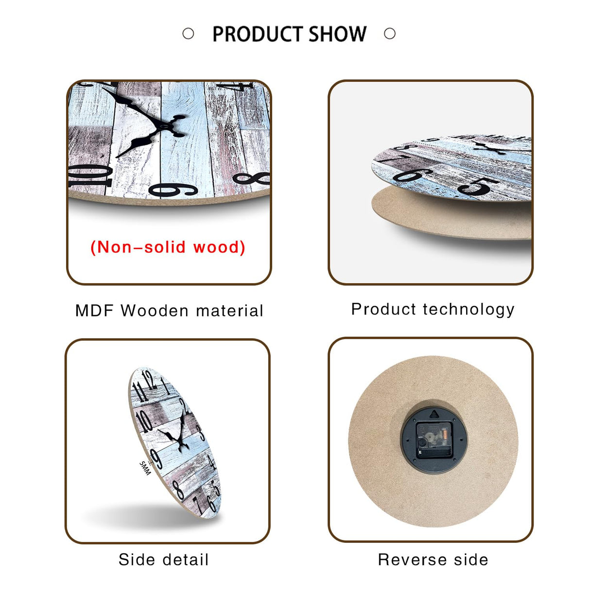 XNM Blue MDF Wood Wall Clock for Living Room - Farmhouse Wall Clocks Battery Operated 12 Inch - Analog Rustic Wall Clock Silent (No Solid Wood) XNM