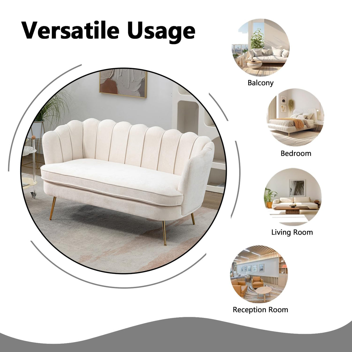 Anwick 59" Small Modern Chenille Loveseat Sofa, 2-Seater Sofa with Gold Metal Legs, Small Couch with Flower Shaped Back for Living Room Bedroom Office (Beige) Anwick