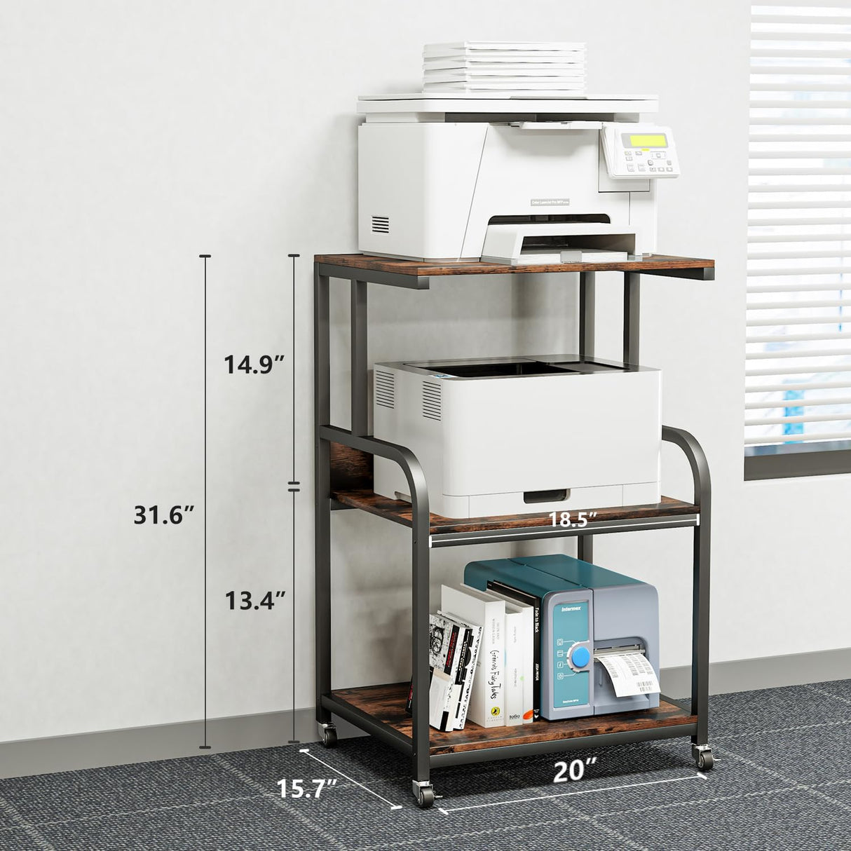 EasyCom 20''x15.7''Large Printer Stand-3 Tier Printer Table with Wheels- Printer Storage Cart- Rolling Printer Cart with Storage Shelf for Printer Scanner Fax Home Office Use- Rustic Brown EasyCom
