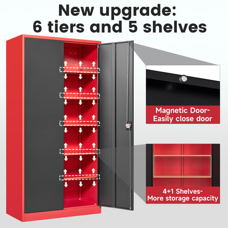 Letaya Metal Storage Cabinets with Lock, 71" Tall Locker Organizer Steel Cabinets, Adjustable Shelves 2 Doors for Home, Office, Warehouse,Garage,Industrial,Employee Lockers (Style B, Black Red) Letaya