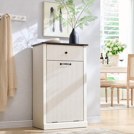 IFGET Modern Tilt-Out Trash Can Cabinet, 10 Gallon Fluted Laundry Hamper Cabinet with Drawers, Wooden Hidden Garbage Can Cabinet with Storage Basket, Free Standing for Kitchen and Living Room, White IFGET
