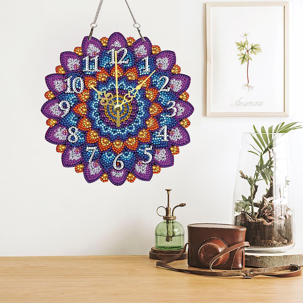 DIY 5D Wooden Diamond Painting Clock Kits for Adults Mandala Art Wall Clock Crystal Rhinestone Diamond Painting by Number Mosaic Art Crafts Home Wall Decor (Purple-03) Generic