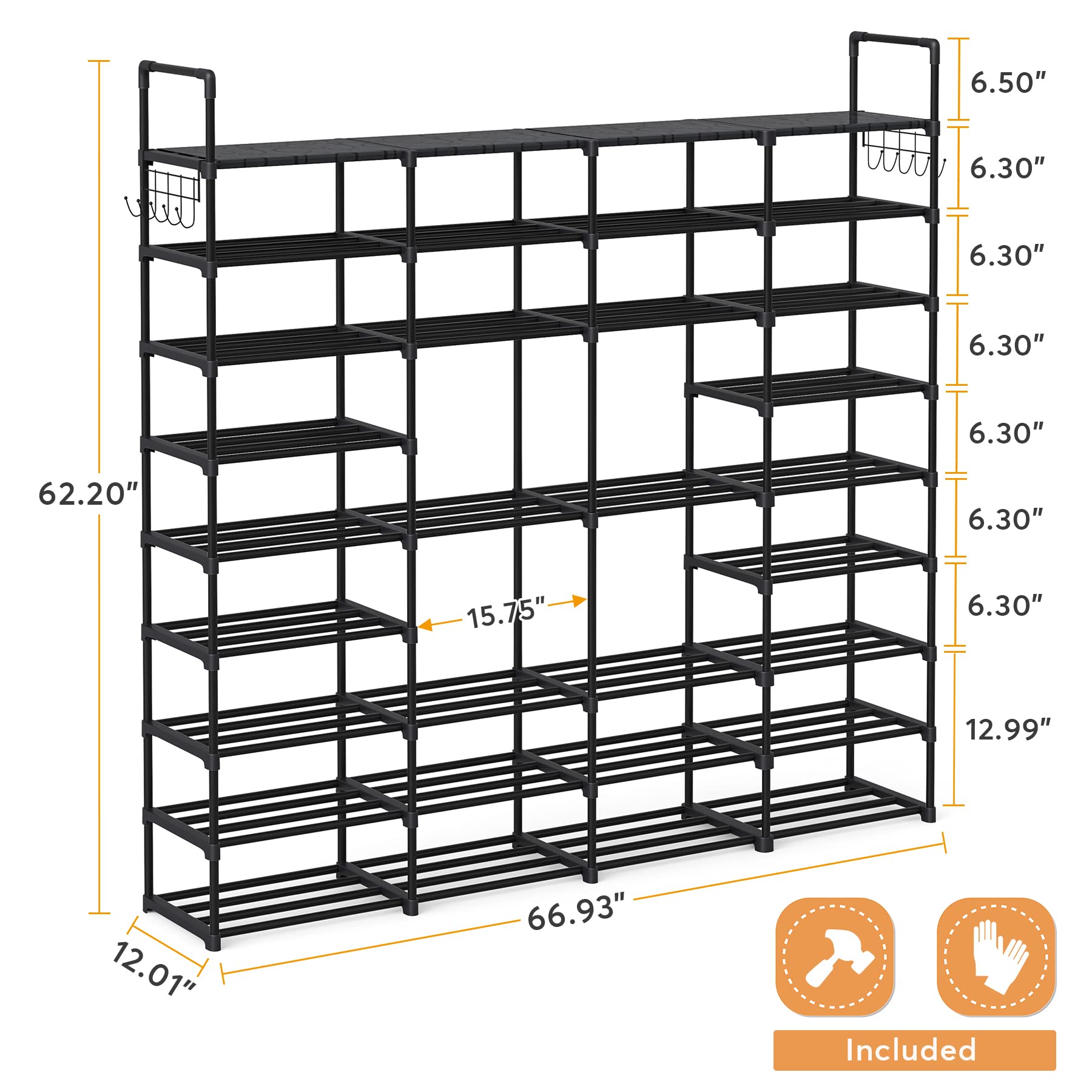 Tribesigns Large Shoe Rack Organizer Closet for Entryway Bedroom Hallway, 9 Tier 72 Pair Heavy Duty Shoes Shelf Storage with Side Metal Hook, Black - WoodArtSupply