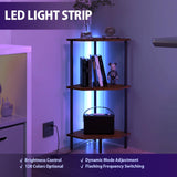 QLSPTFTS 3 Tier Corner Shelf with LED Light,Bookcase for Small Spaces,Display Shelf,Narrow Bookshelf,Plant Stand,Rustic Brown and Black,Suitable for Bedroom,Living Room,Kitchen QLSPTFTS