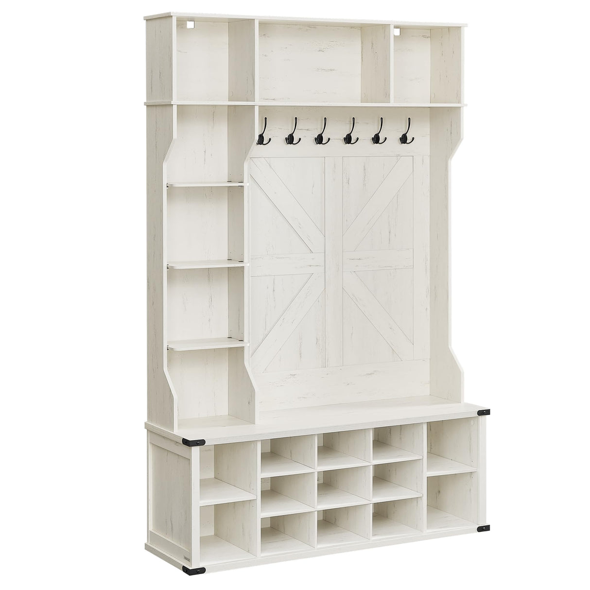 VASAGLE Hall Tree with Bench and Shoe Storage, Coat Rack with Shoe Bench, Entryway Furniture, 20 Open Compartments, 6 Tri-Hooks, Farmfouse Style, Space Saving, Rustic White UHSR440W01 VASAGLE