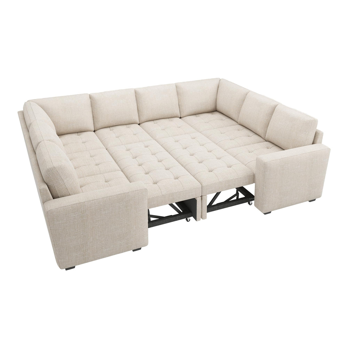 HONBAY Modular Sectional Sleeper Sofa with Pull Out Bed, Linen Convertible U Shaped Sectional Couch with Storage Seat, Sectional Couches for Living Room, Beige HONBAY