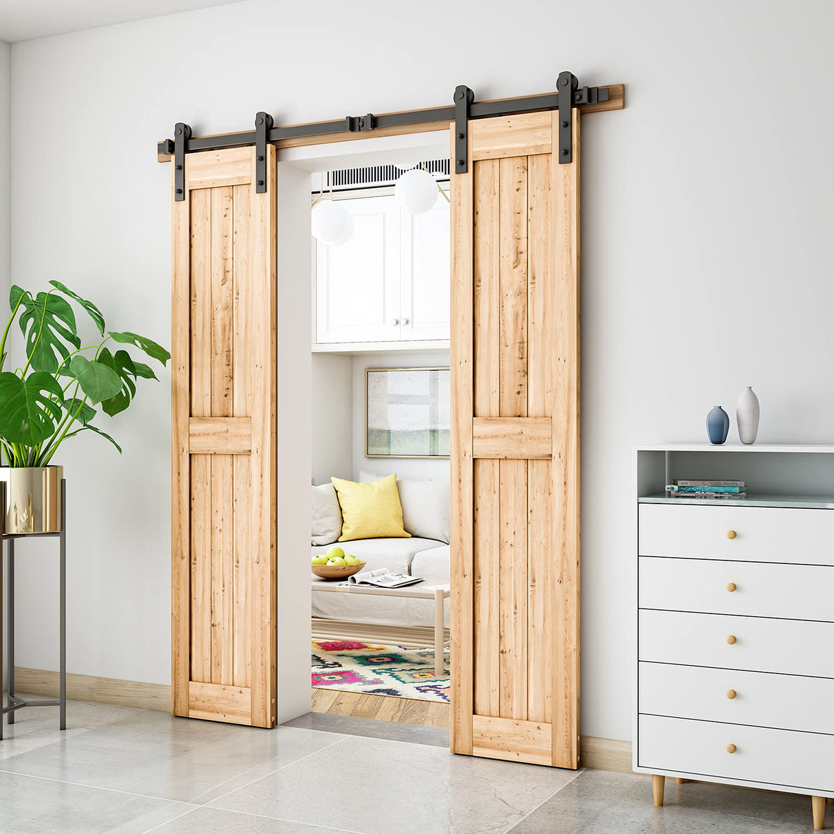 SMARTSTANDARD 6FT Heavy Duty Double Door Sliding Barn Door Hardware Kit,Smoothly and Quietly-Easy to Install-Includes Step-by-Step Installation Instruction Fit 18" Wide Door Panel SMARTSTANDARD