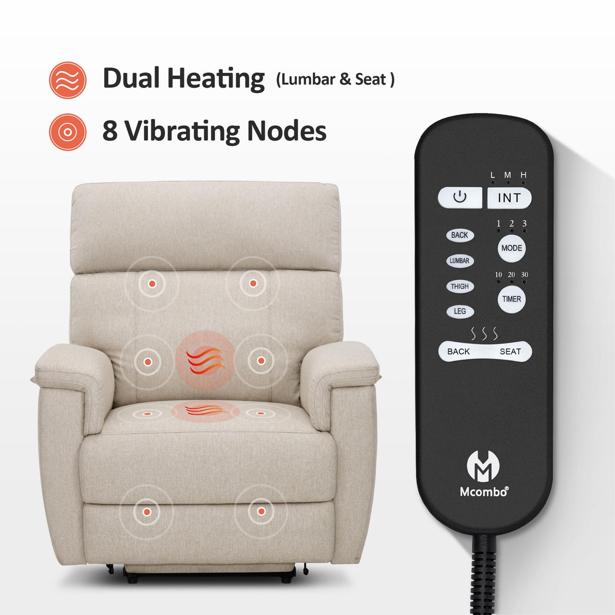 MCombo Power Lift Recliner Chair with Massage and Dual Heating, Adjustable Headrest, Extended Footrest for Elderly People, Fabric R7605 (Beige) MCombo