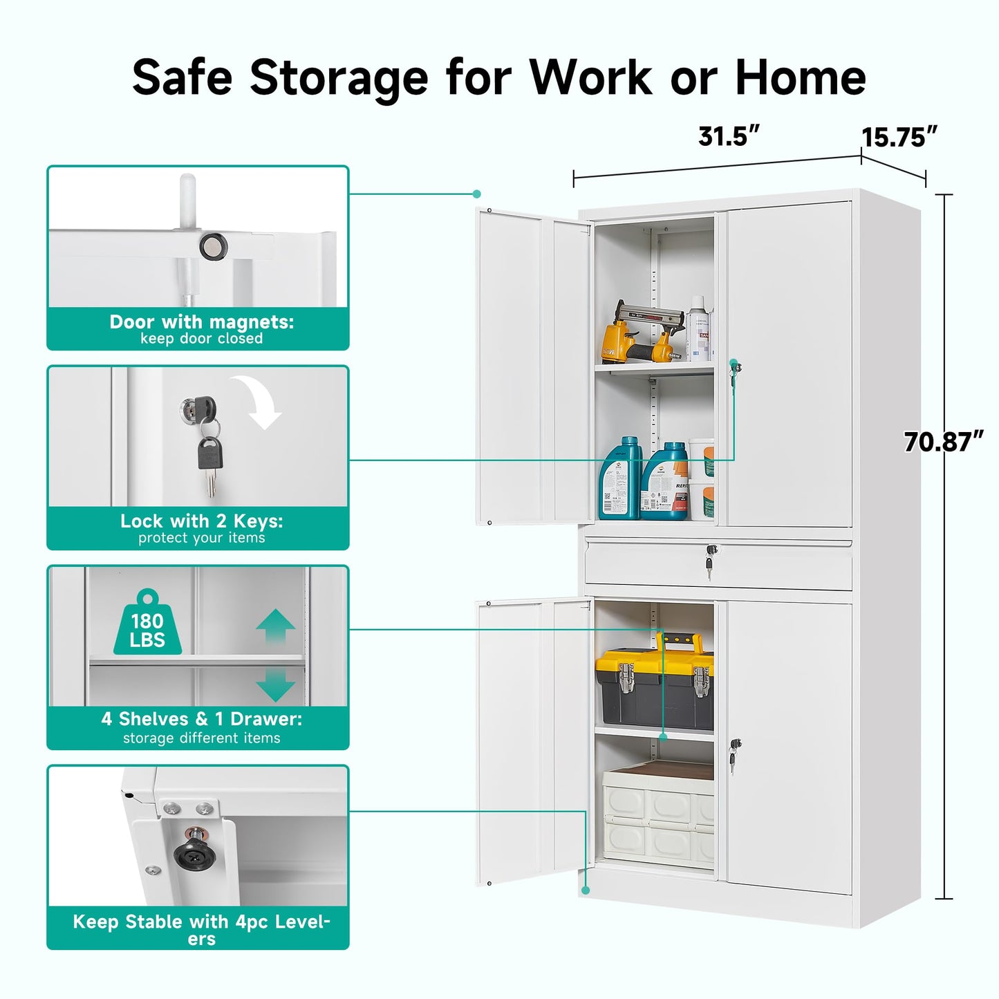 SISESOL Metal Garage Storage Cabinet with Doors and Shelves, 71" Multifunctional Garage Storage Closet Large Garage Locker with Adjustable Shelves & Locking Doors Steel Storage Tall Cabinet - WoodArtSupply