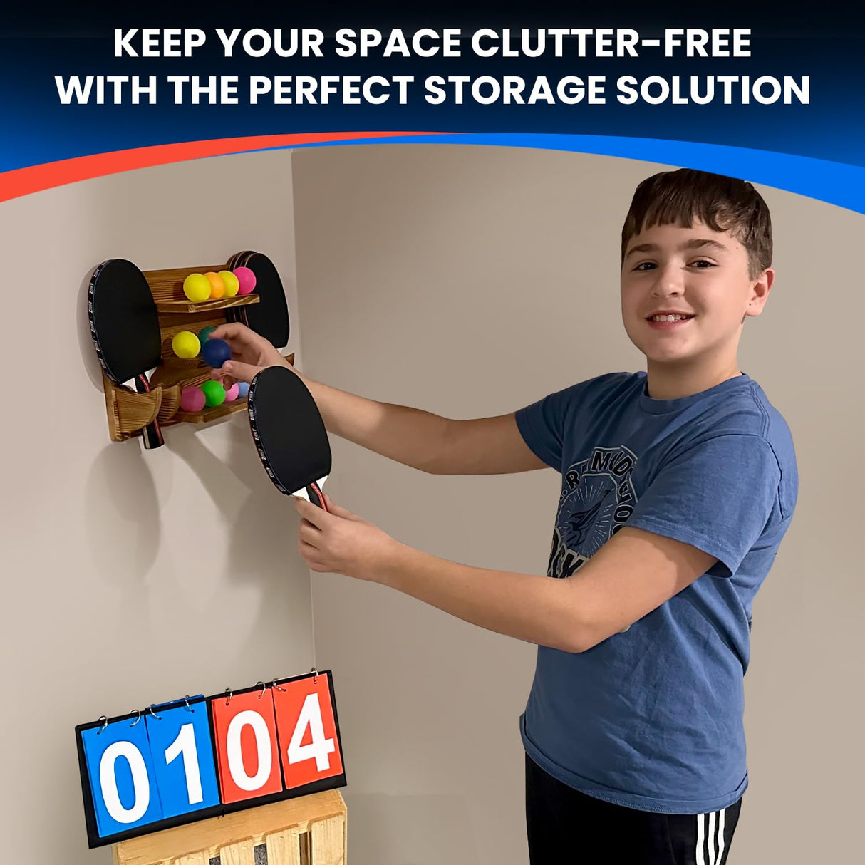 WAKUBON Ping Pong Paddle Holder Wall Mount Storage Rack - Table Tennis Racket Display Accessories Organizer - Holds 6 Paddles and 12 Balls - with Flip Scoreboard WAKUBON