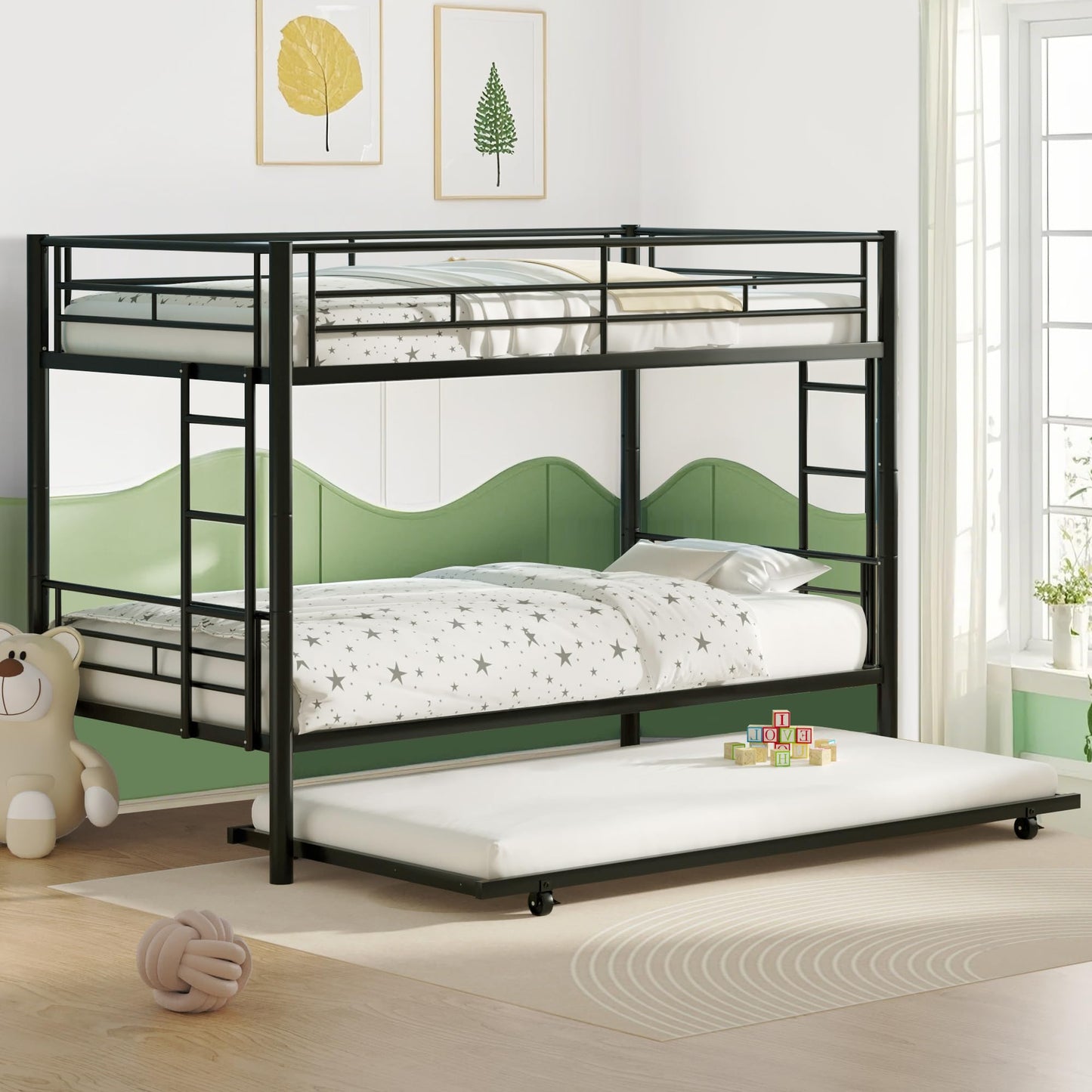 VECELO Twin Over Twin Bunk Bed with Trundle, Convertible Metal Bunkbeds with 2 Ladders and Guardrails, Space Saving, No Box Spring, Black