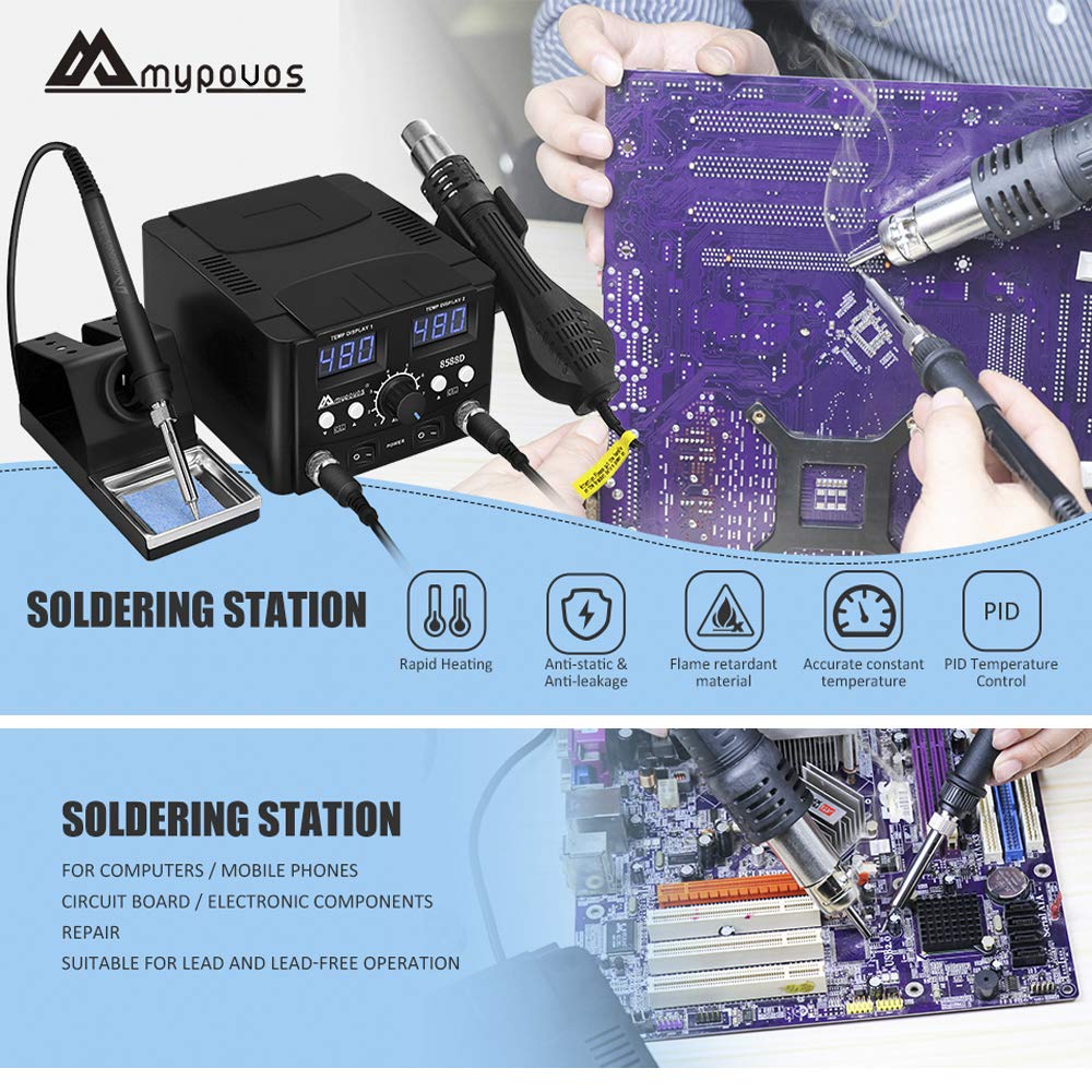 MYPOUOS 2 IN 1 750W LED Digital Soldering Station Hot Air Gun Rework Station Electric Soldering Iron For Phone PCB IC SMD BGA Welding SET 110V (8588D SET1) MYPOUOS