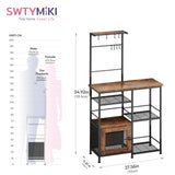 SWTYMIKI Bakers Rack with Storage - Coffee Bar Cabinet Organizer with 8 Hooks, Shelves & Cabinet Door, Coffee Station for Kitchen Dining Room, Microwave Stand with Adjustable Feet, Espresso SWTYMIKI