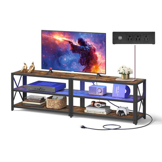 VASAGLE TV Stand with Power Outlets and LED Lights, for TVs up to 75 Inches, Entertainment Center with Open Storage Shelves, TV Console Table for Living Room, Rustic Brown and Ink Black ULTV119K01