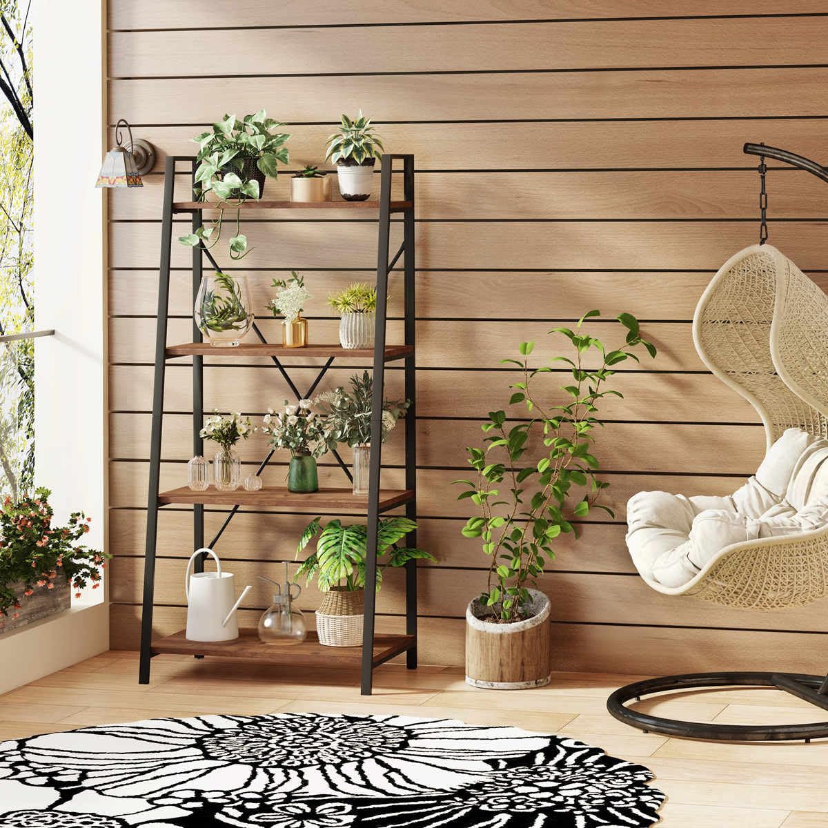 BON AUGURE Industrial Ladder Shelf Bookcase, 4 Tier Rustic Ladder Bookshelf, Standing Leaning Book Shelves for Living Room (Rustic Oak) BON AUGURE