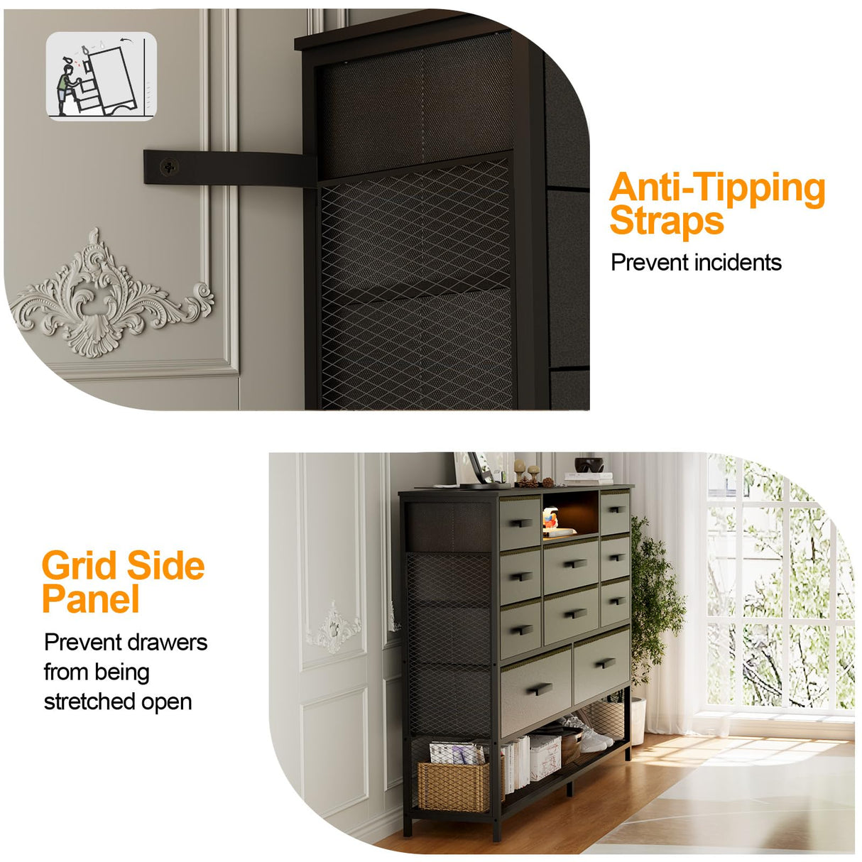 Harpaq Black Dresser for Bedroom with 10 Drawers, Dresser with Charging Station, TV Stand Dresser with LED Light for 55" TV, Fabric Drawer Dresser with PU Finish, Dresser with Shelves for Closet Harpaq