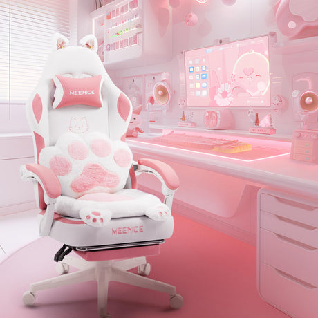 MEENICE Pink Gaming Chair Cute with Cat Ears Paw Lumbar and Cushion,Ergonomic Computer Chair with Footrest,Reclining PC Game Chair for Girl Computer Chair 300lbs for Adult MEENICE