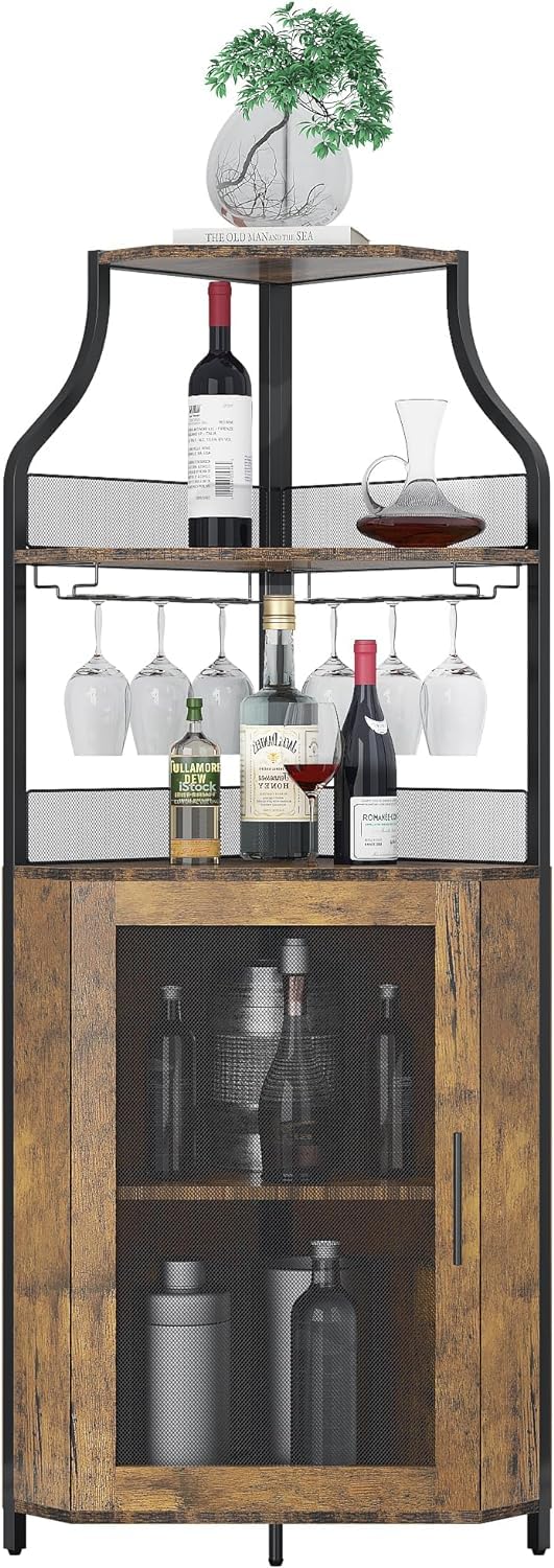 GAOMON Corner Wine Cabinet with Removable Wine Rack, Wine Cabinet and Wine Glass Bar Cabinet with Glass Rack and Mesh Door, Wine Cabinet with Reasonable Functional Partitioning (Retro Brown) GAOMON