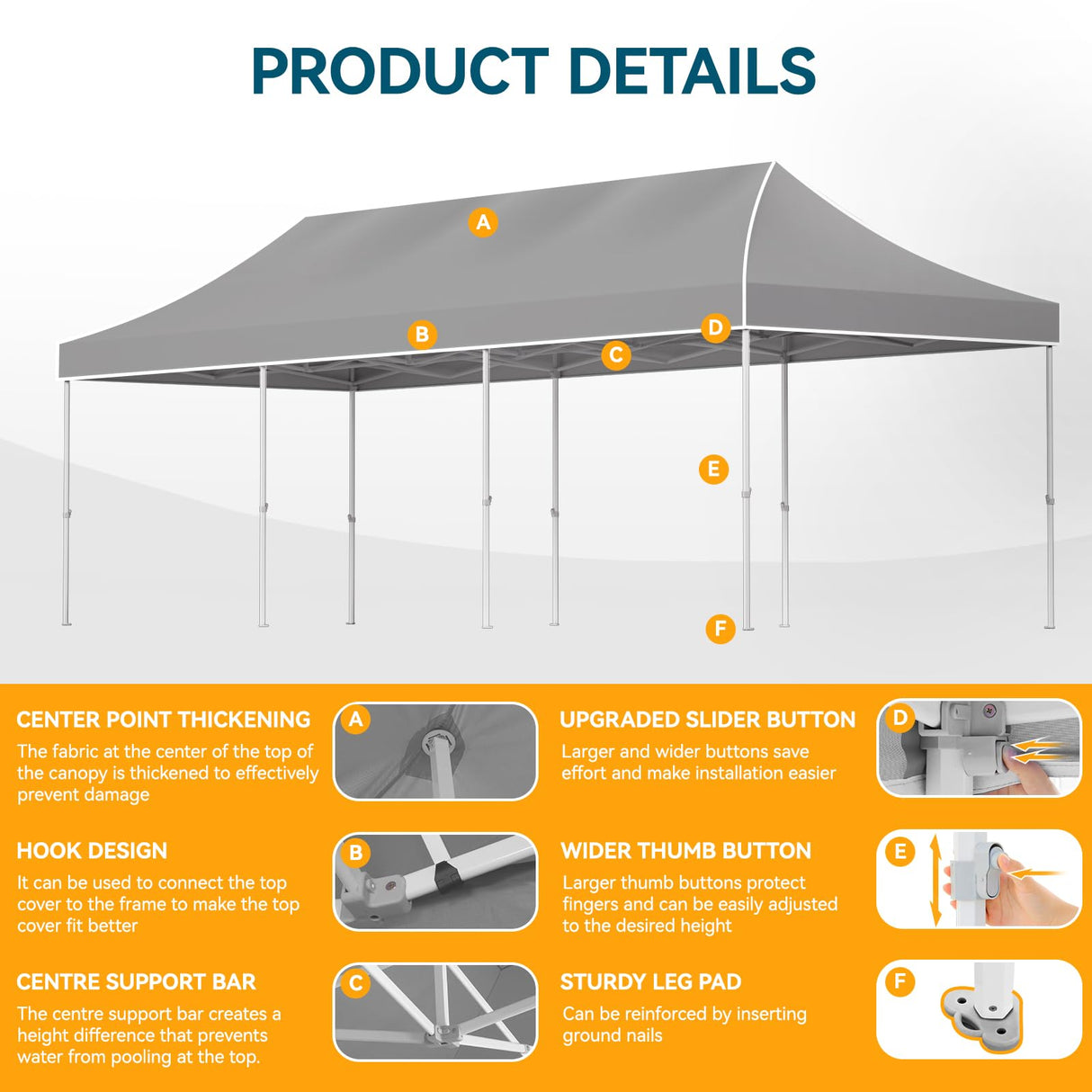 Hoteel Canopy 10x30 Heavy Duty Pop Up Canopy Tent with 8 Sidewalls,UPF50+ and Waterproof 1500mm,3 Height Adjustable,Upgraded Hexagonal Pipe,Commercial Instant Tent,for Picnic,Parties,Wedding,Grey Hoteel