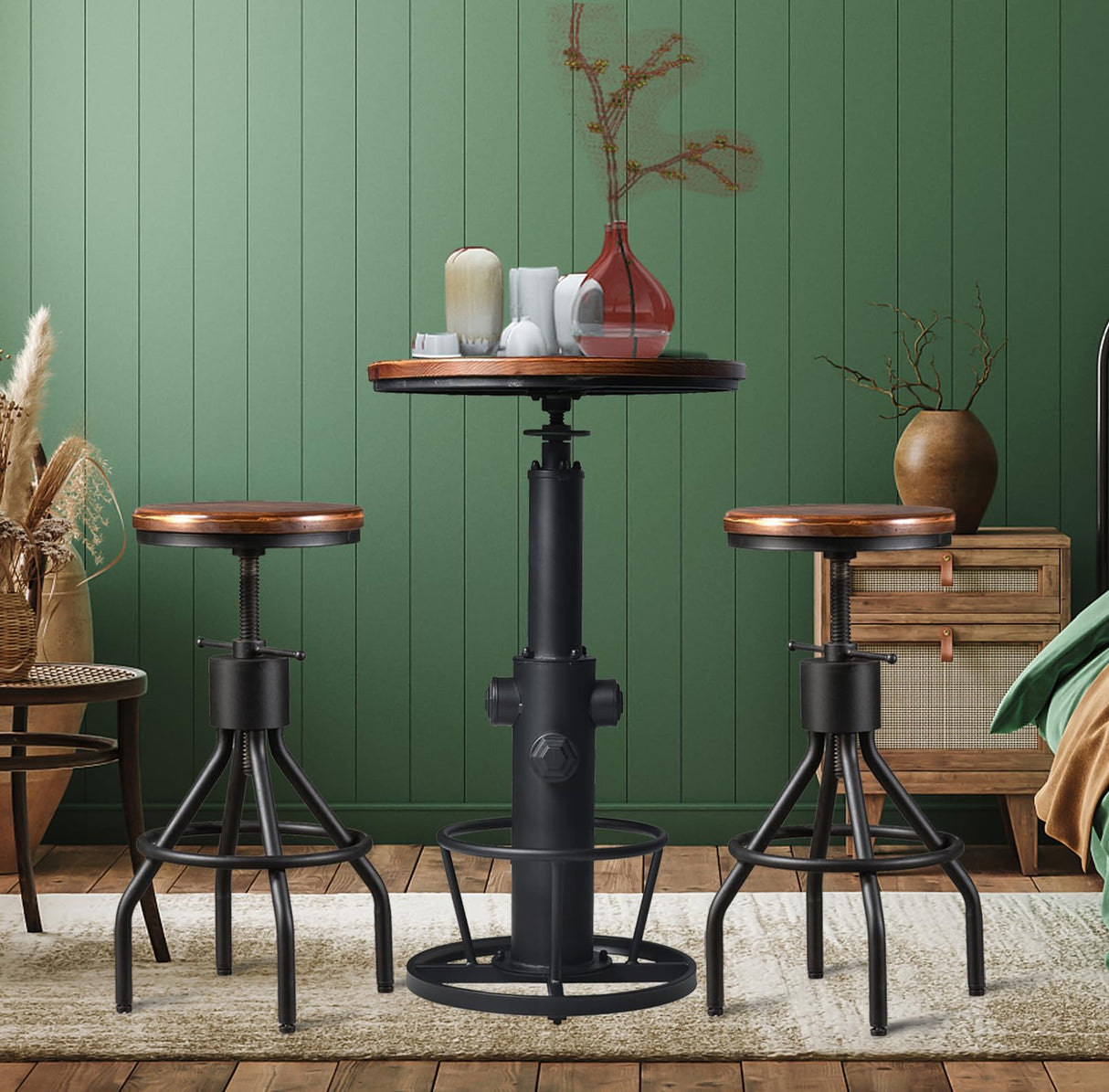 LOKKHAN Industrial Bar Table 38.6"-48.4" Height Adjustable Swivel Round Wood Tabletop 23.7" Dia, Kitchen Dining Office Coffee Bistro Pub Table LOKKHAN