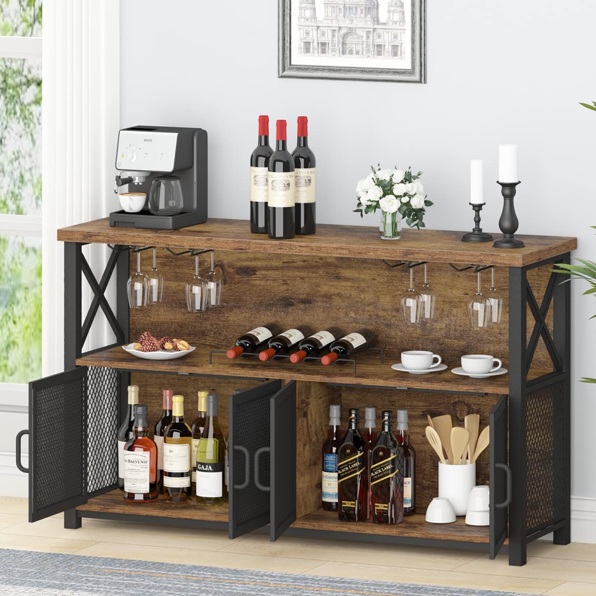 Rustic Brown Industrial Coffee Bar Cabinet with Wine Rack and Ample Storage LVB