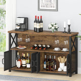 Rustic Brown Industrial Coffee Bar Cabinet with Wine Rack and Ample Storage LVB
