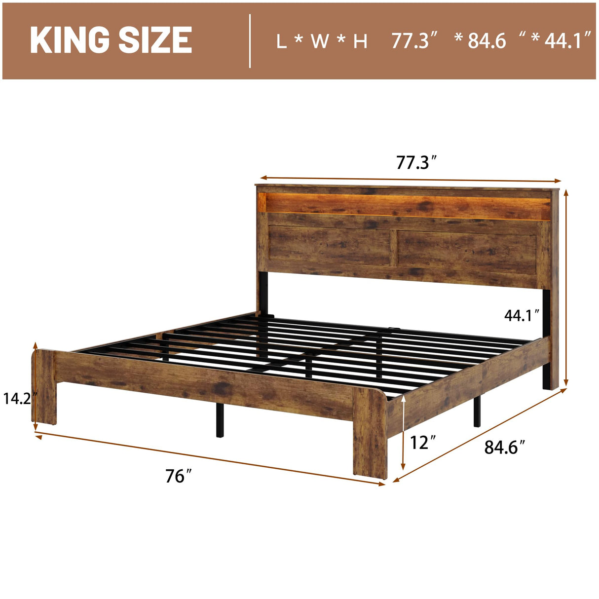 FSTAR King Size Wooden Bed Frame with Headboard, Farmhouse Bedframe with Charging Station & Led Lights, Heavy Duty Metal Slats, Noise Free, No Box Spring Needed, Dark Brown FSTAR